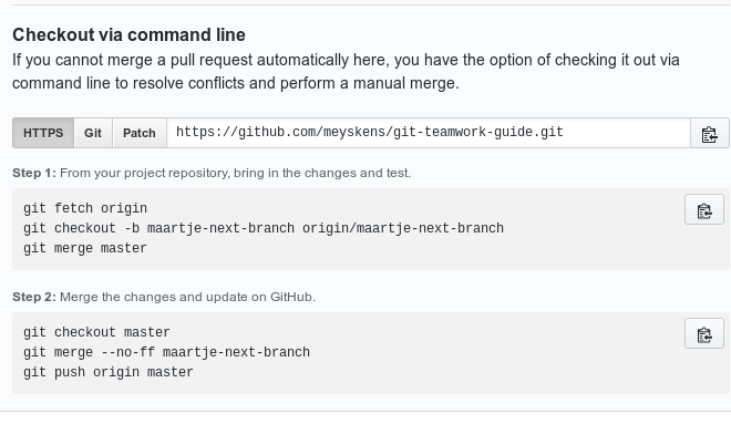 merge conflict CLI instructies in GitHub